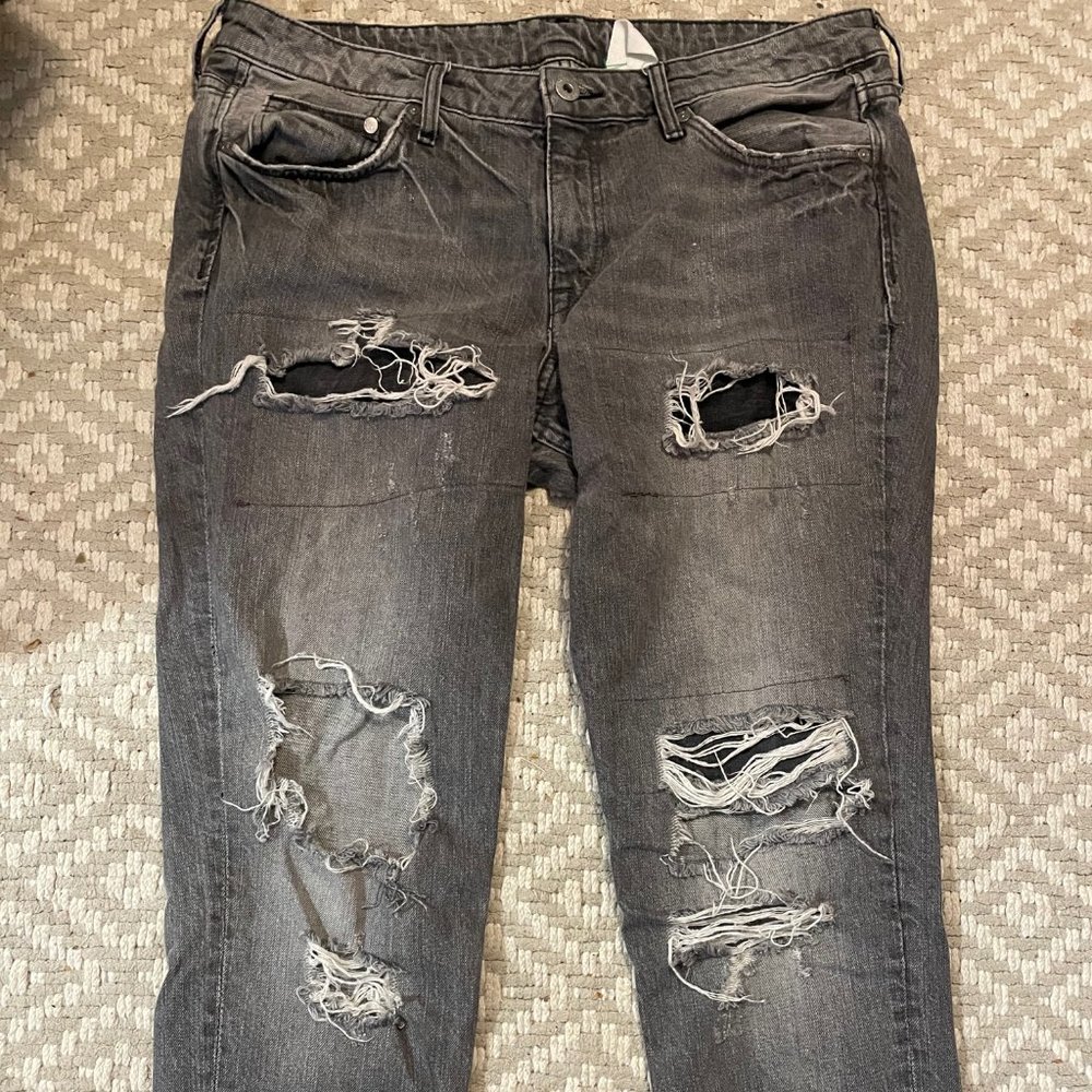 Girlfriend Fit Low Waist Ankle Grey Ripped Jeans